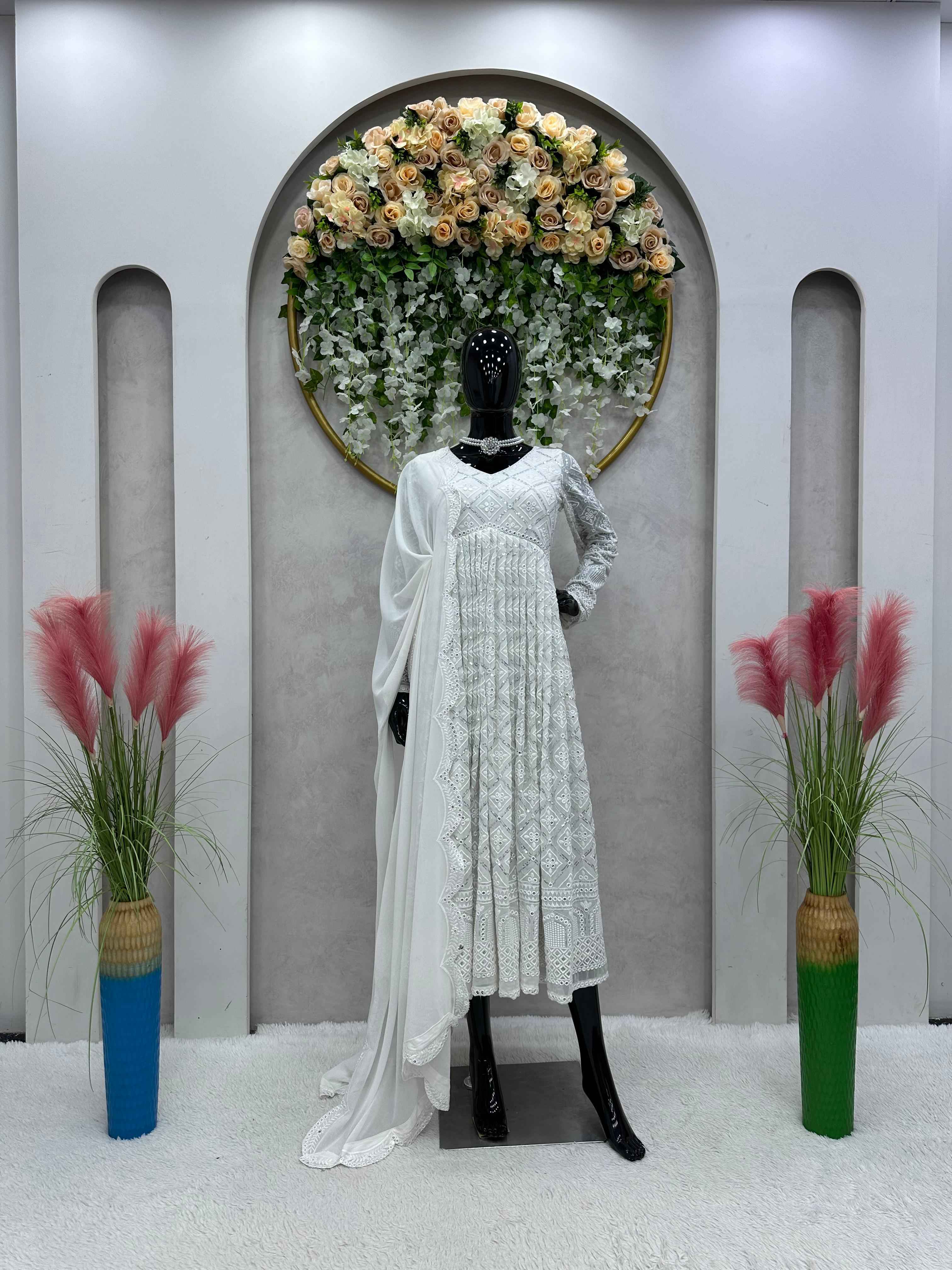Party Wear White Color Foux Gorgette Gown For Girls