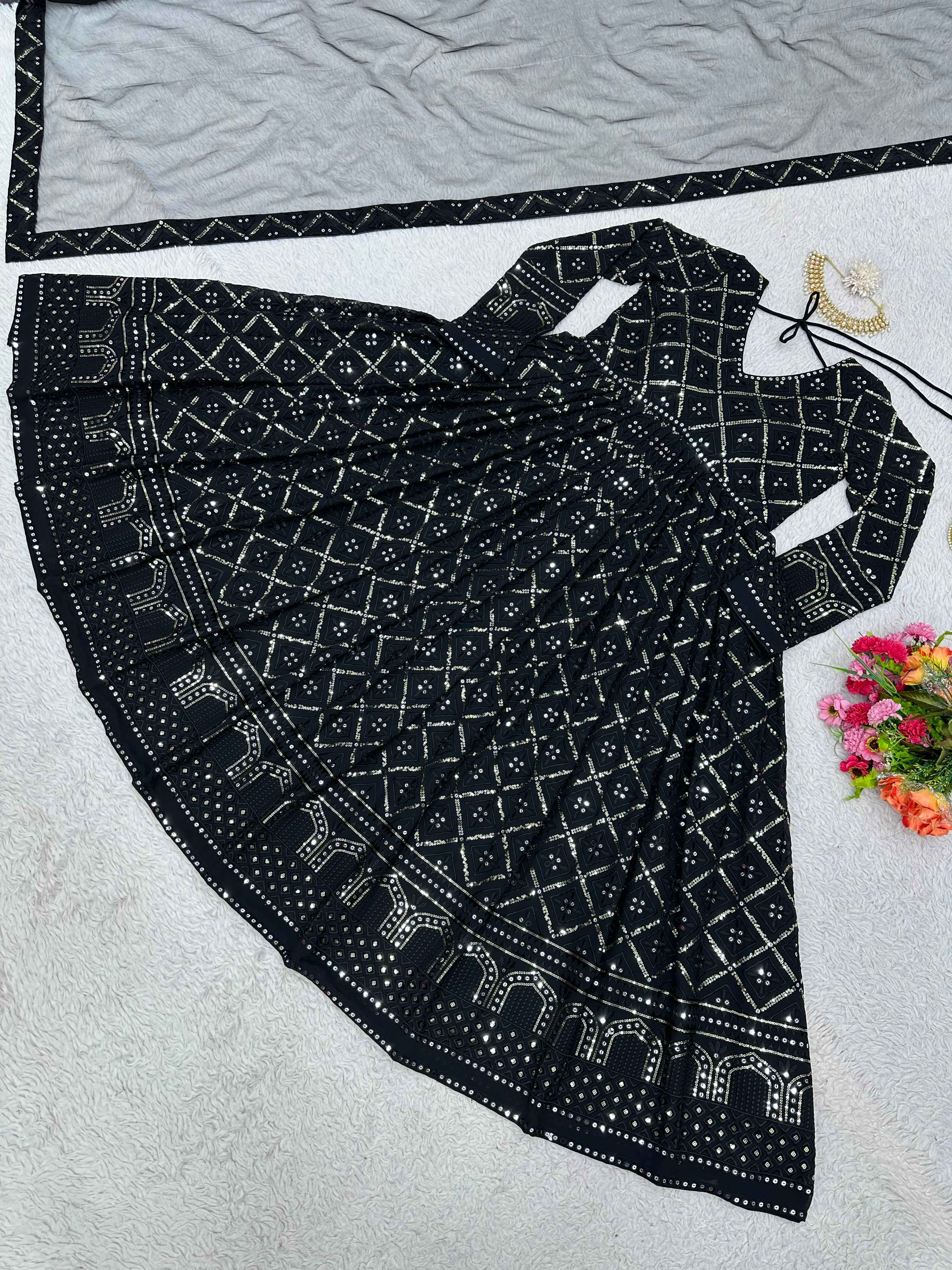 Party Wear Black Color Foux Gorgette Gown for Girls