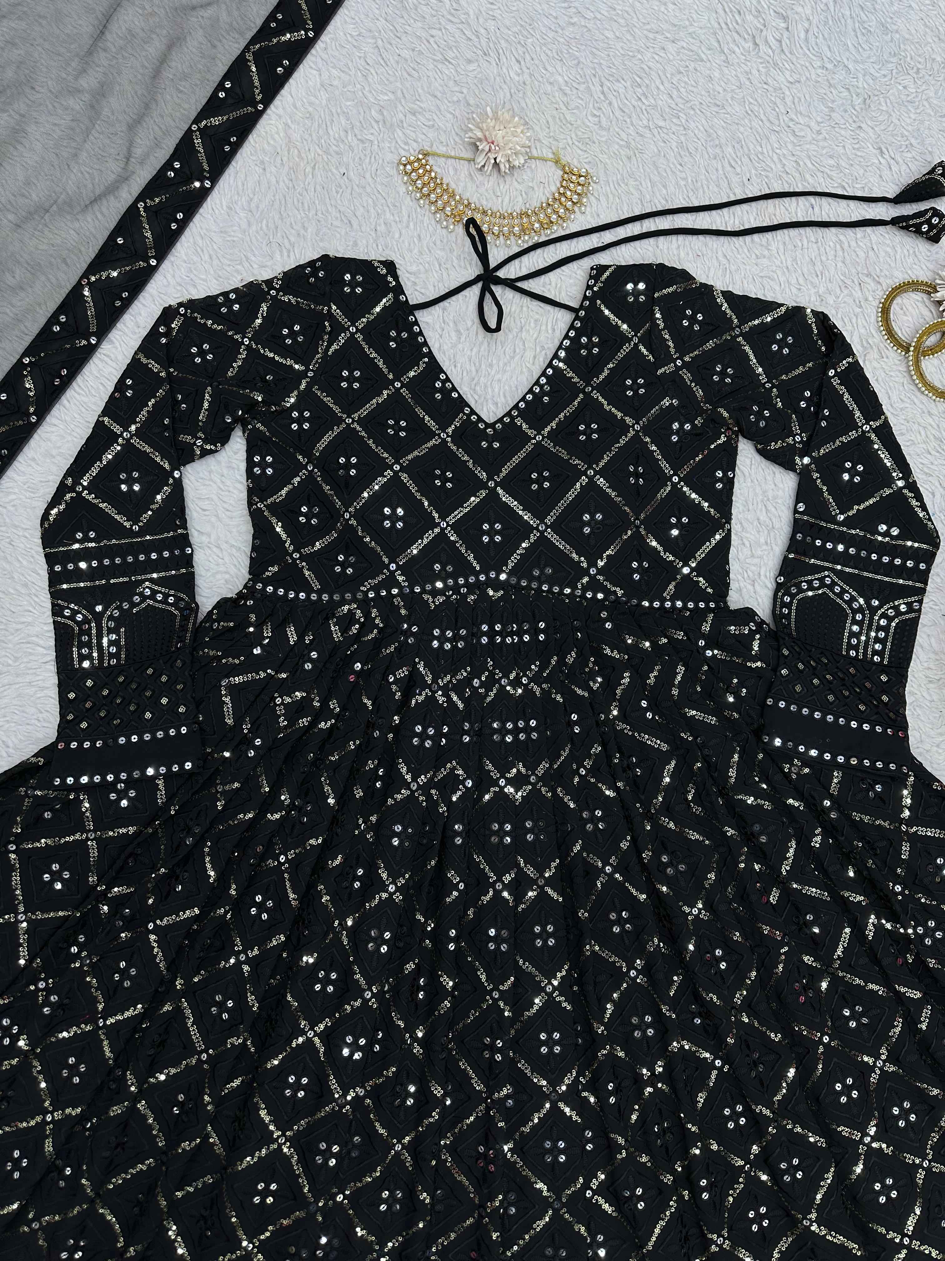Party Wear Black Color Foux Gorgette Gown for Girls