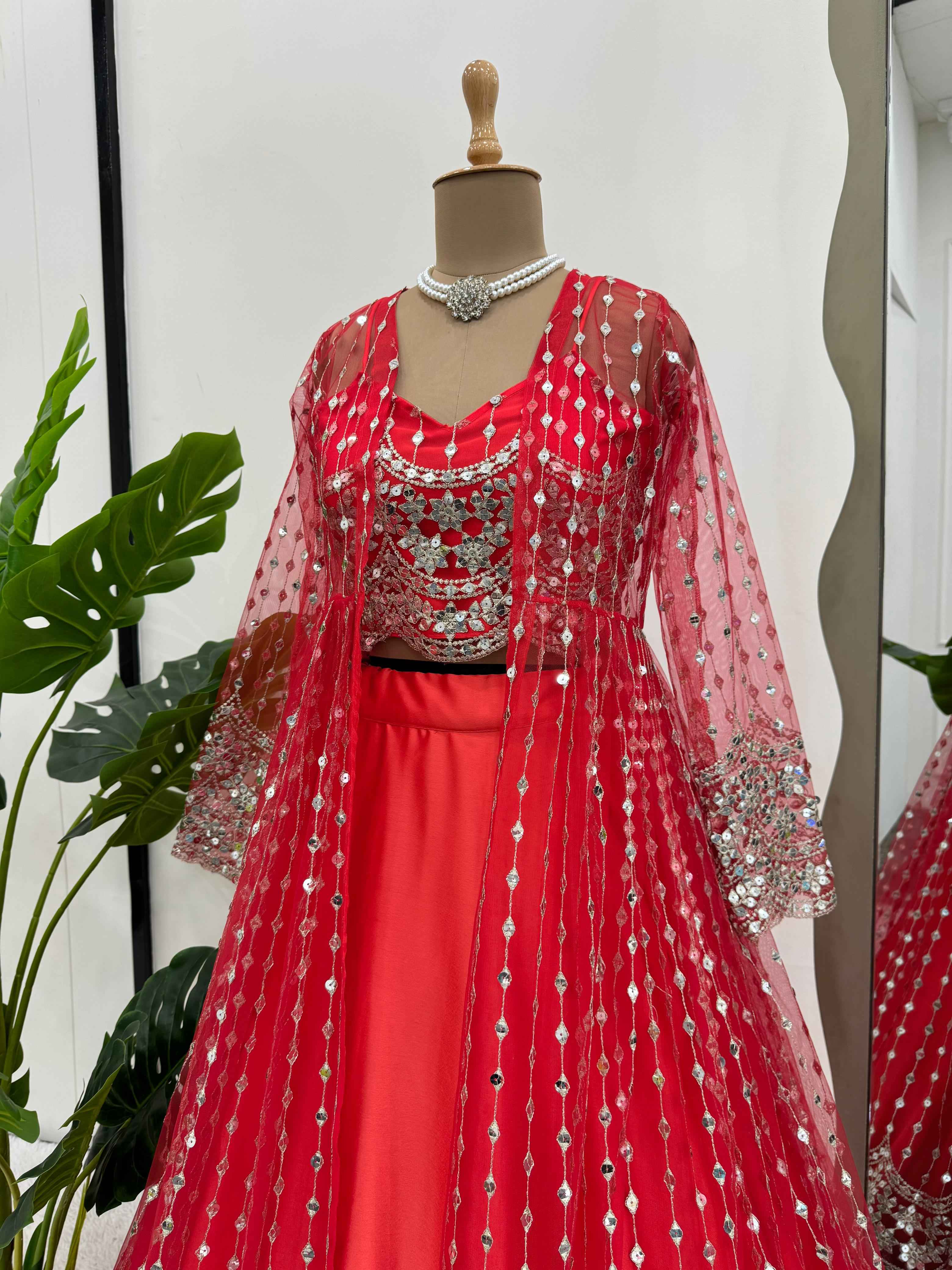 Wedding Wear Red Color Japan Satin Indowestern For Girls