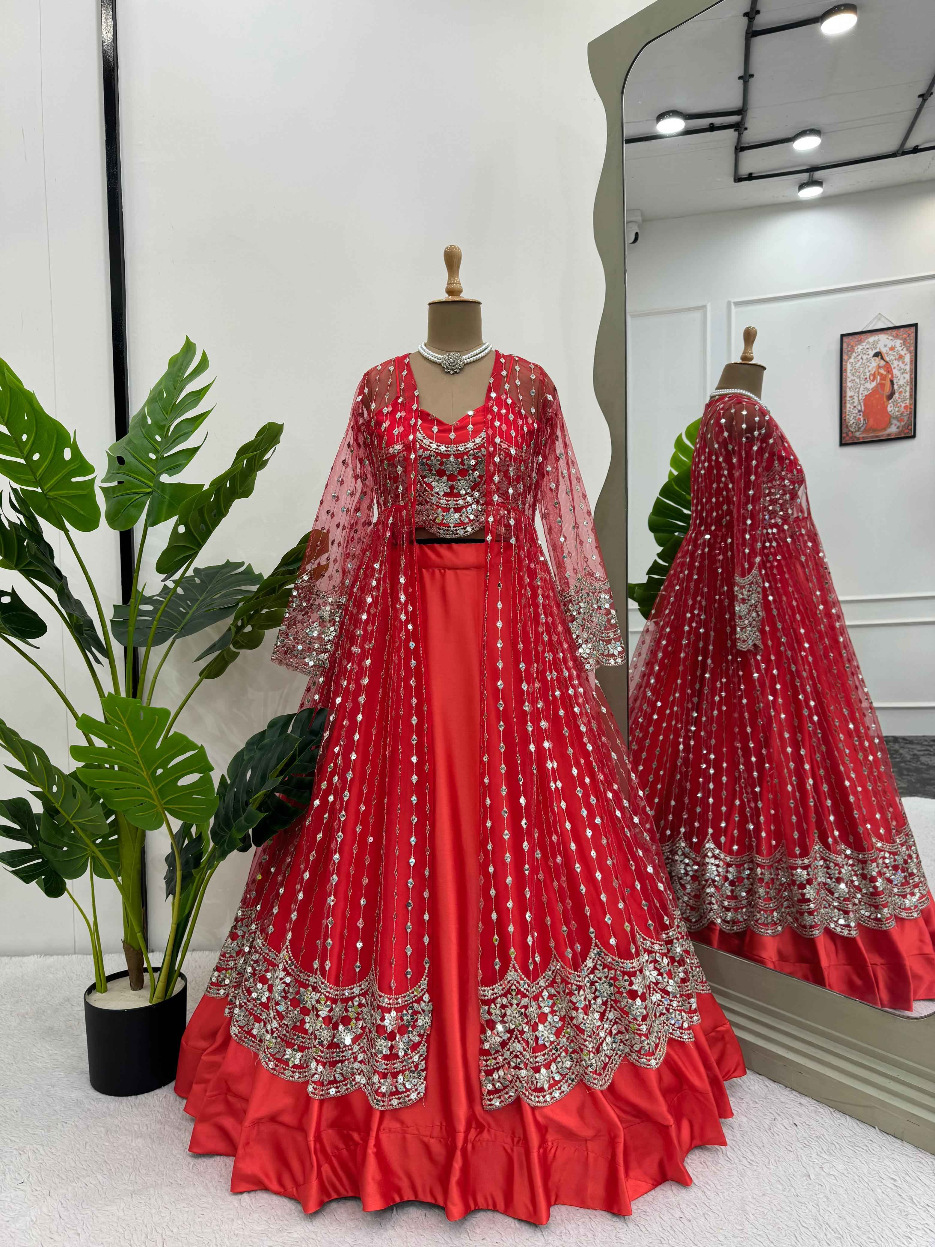 Wedding Wear Red Color Japan Satin Indowestern For Girls