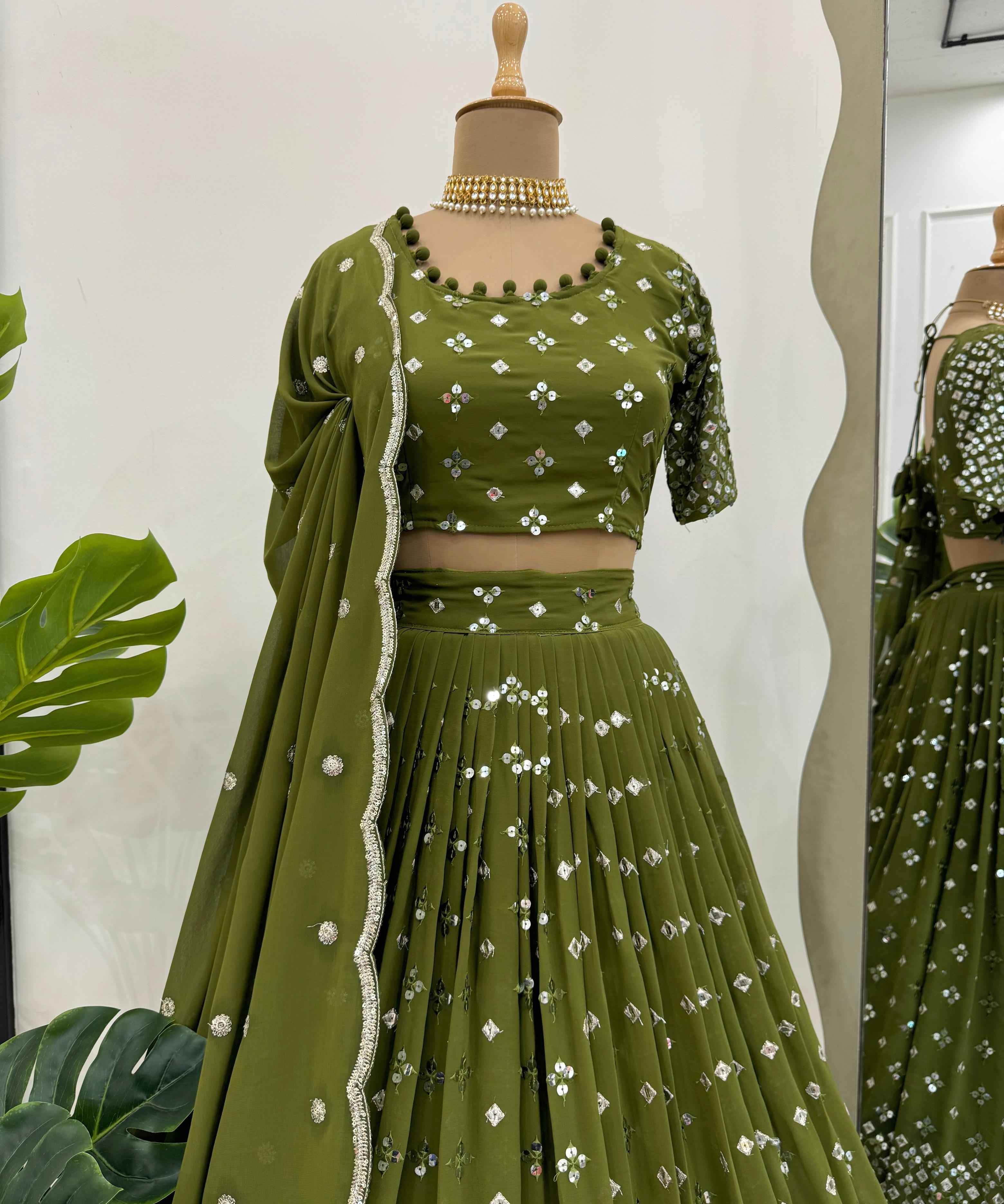 Wedding Wear Green Color Foux Gorgette Lehenga For Girls