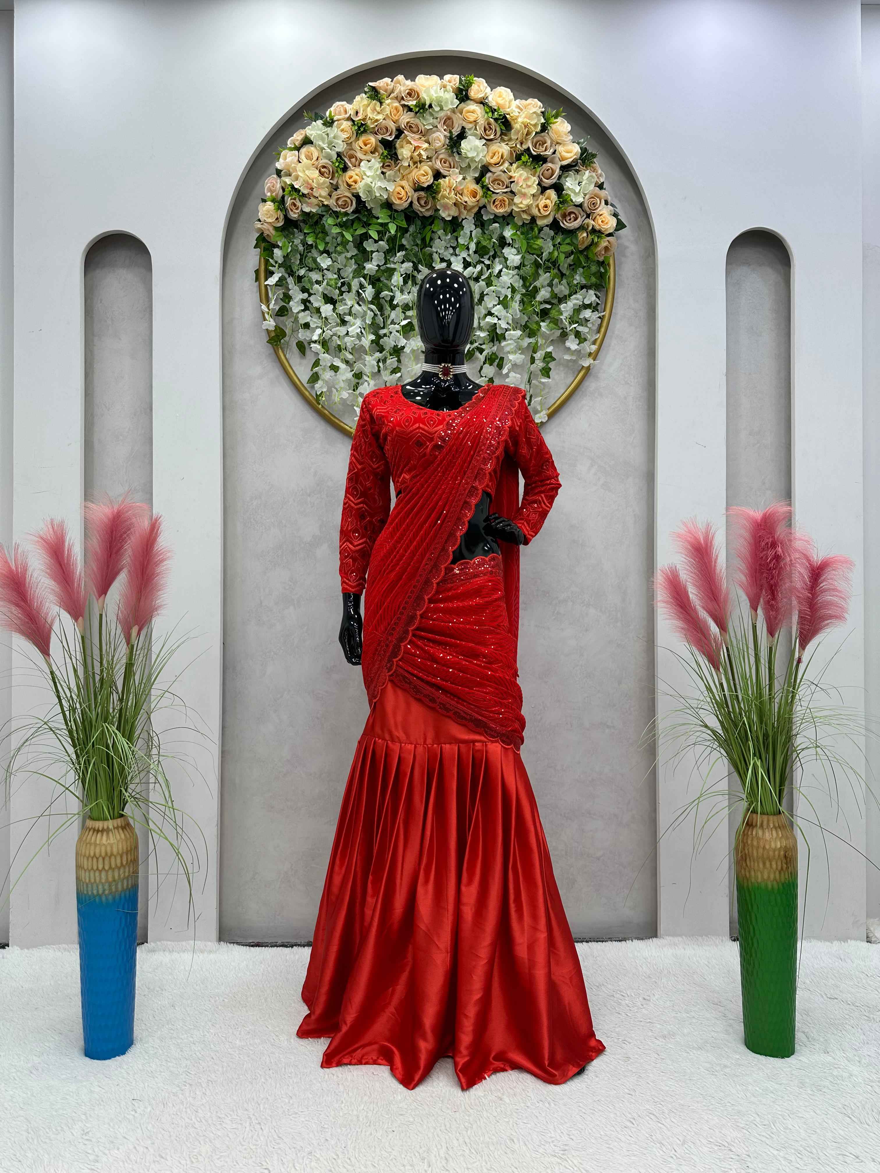 Wedding Wear Red Color Altar Satin Saree For Women