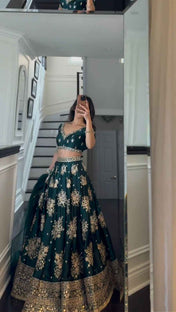 Wedding Wear Green Color Japan Jastin Lehenga For Girls