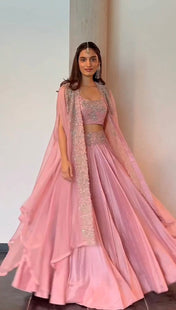 Wedding Wear Pink Color Chinon Silk Lehenga For Girls