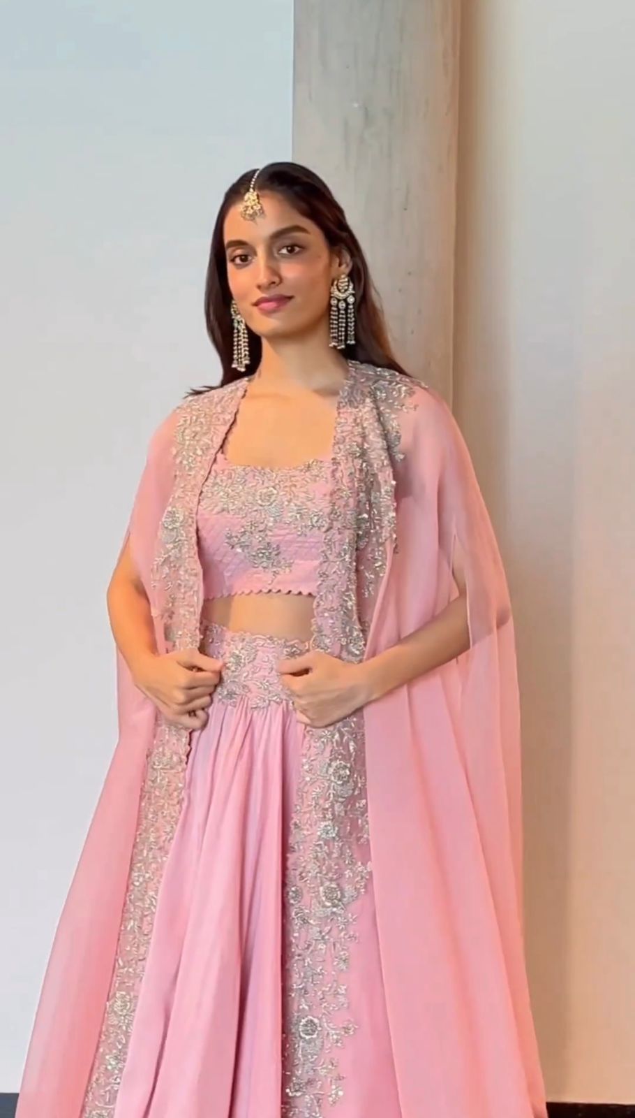 Wedding Wear Pink Color Chinon Silk Lehenga For Girls