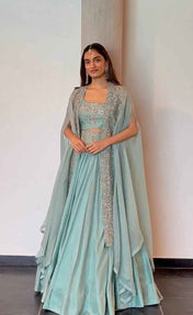 Party Wear Sky Blue Color Chinon Silk Lehenga Foe Women