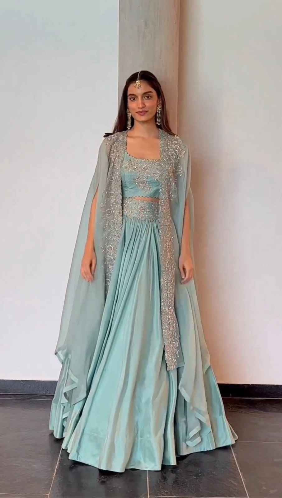Party Wear Sky Blue Color Chinon Silk Lehenga Foe Women