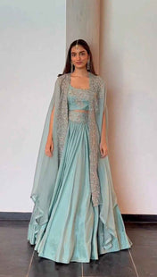 Party Wear Sky Blue Color Chinon Silk Lehenga Foe Women
