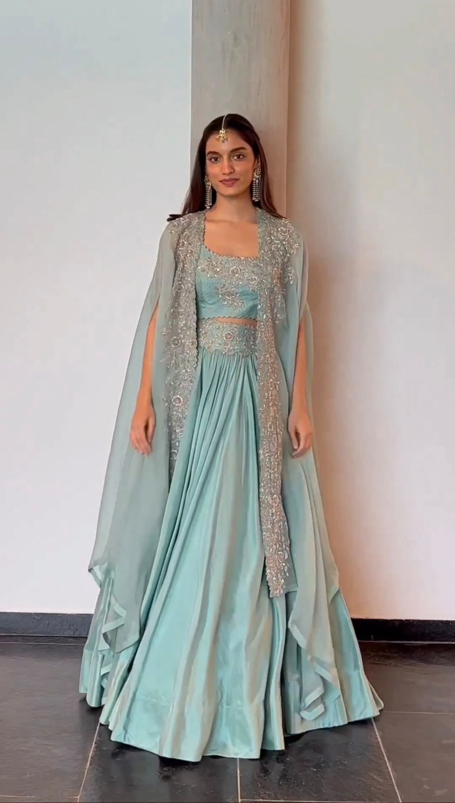 Wedding Wear Sky Blue Color Chinon Silk Lehenga For Girls