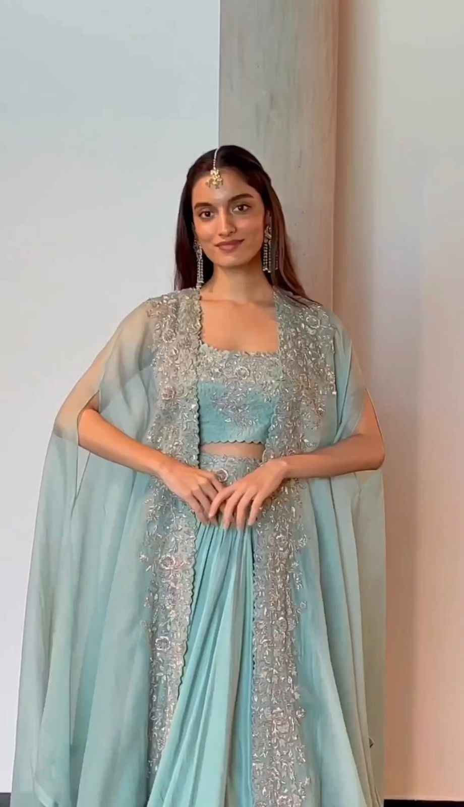 Party Wear Sky Blue Color Chinon Silk Lehenga Foe Women