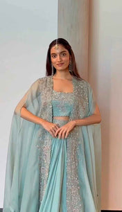 Party Wear Sky Blue Color Chinon Silk Lehenga Foe Women