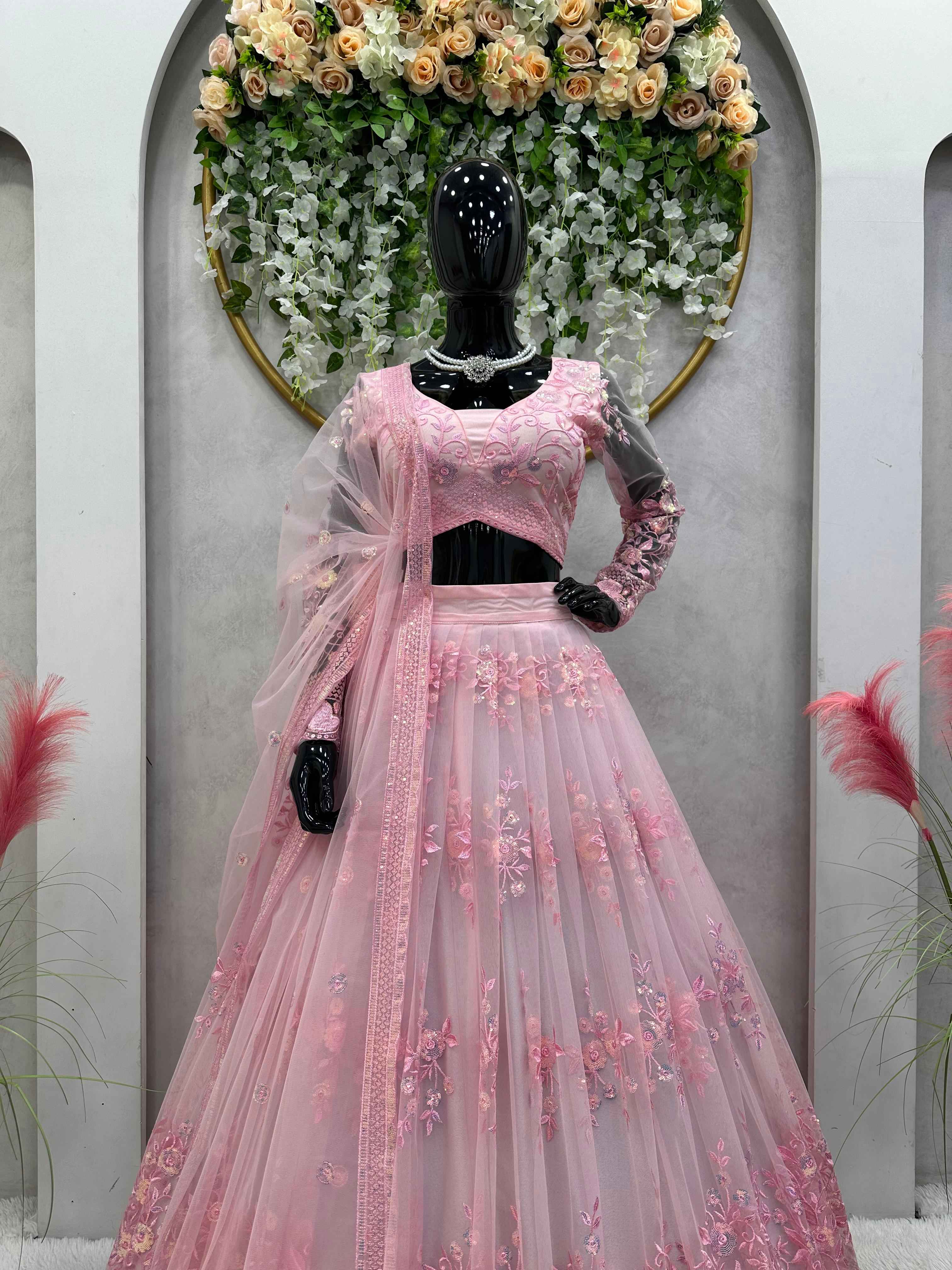 Wedding Wear Pink Color Soft Net Lehenga For Girls