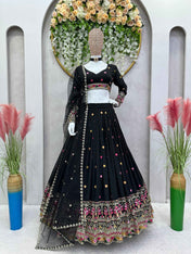 Wedding Wear Black Color Foux Gogette Lehenga For Girls
