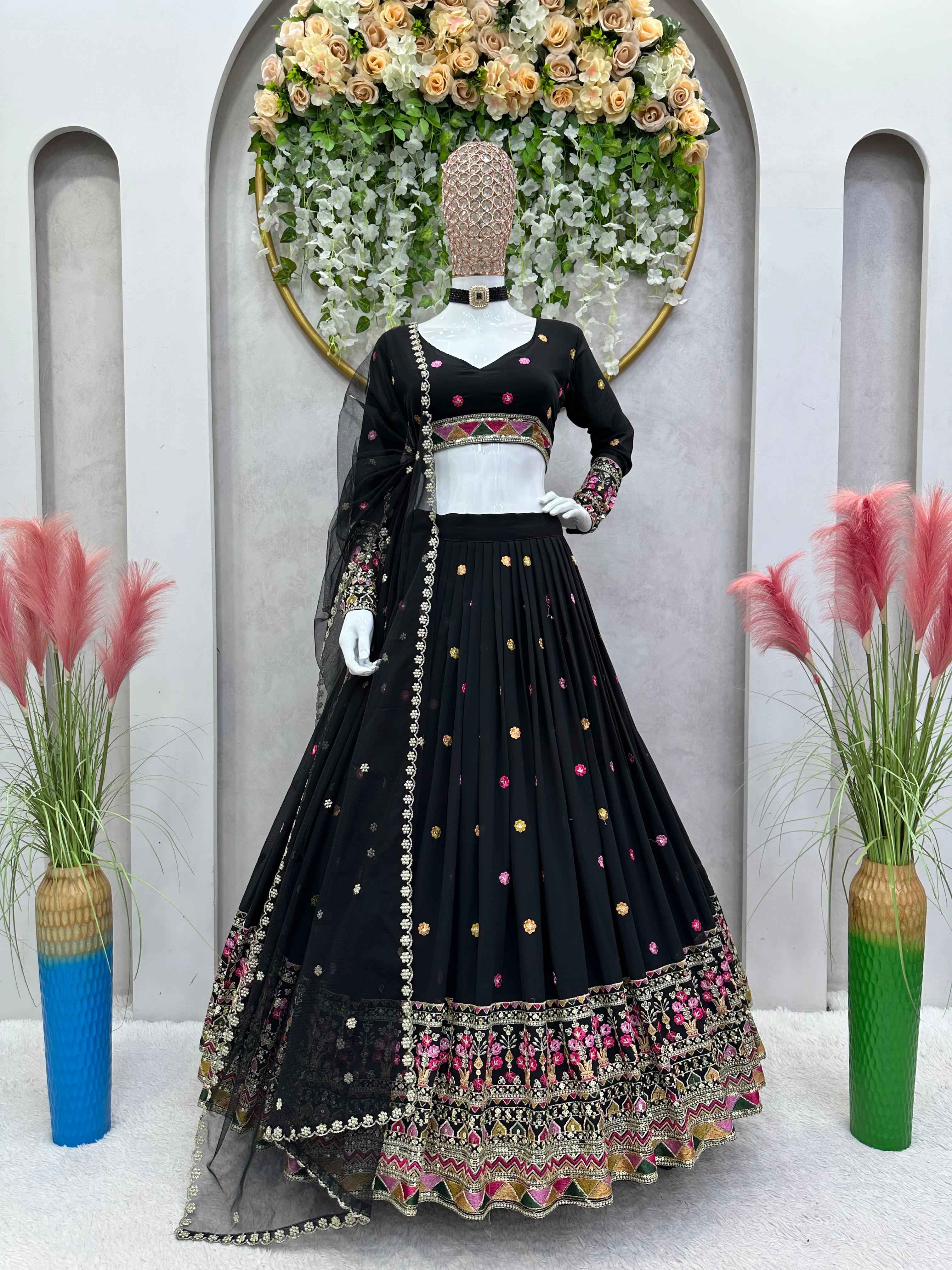 Wedding Wear Black Color Foux Gogette Lehenga For Girls
