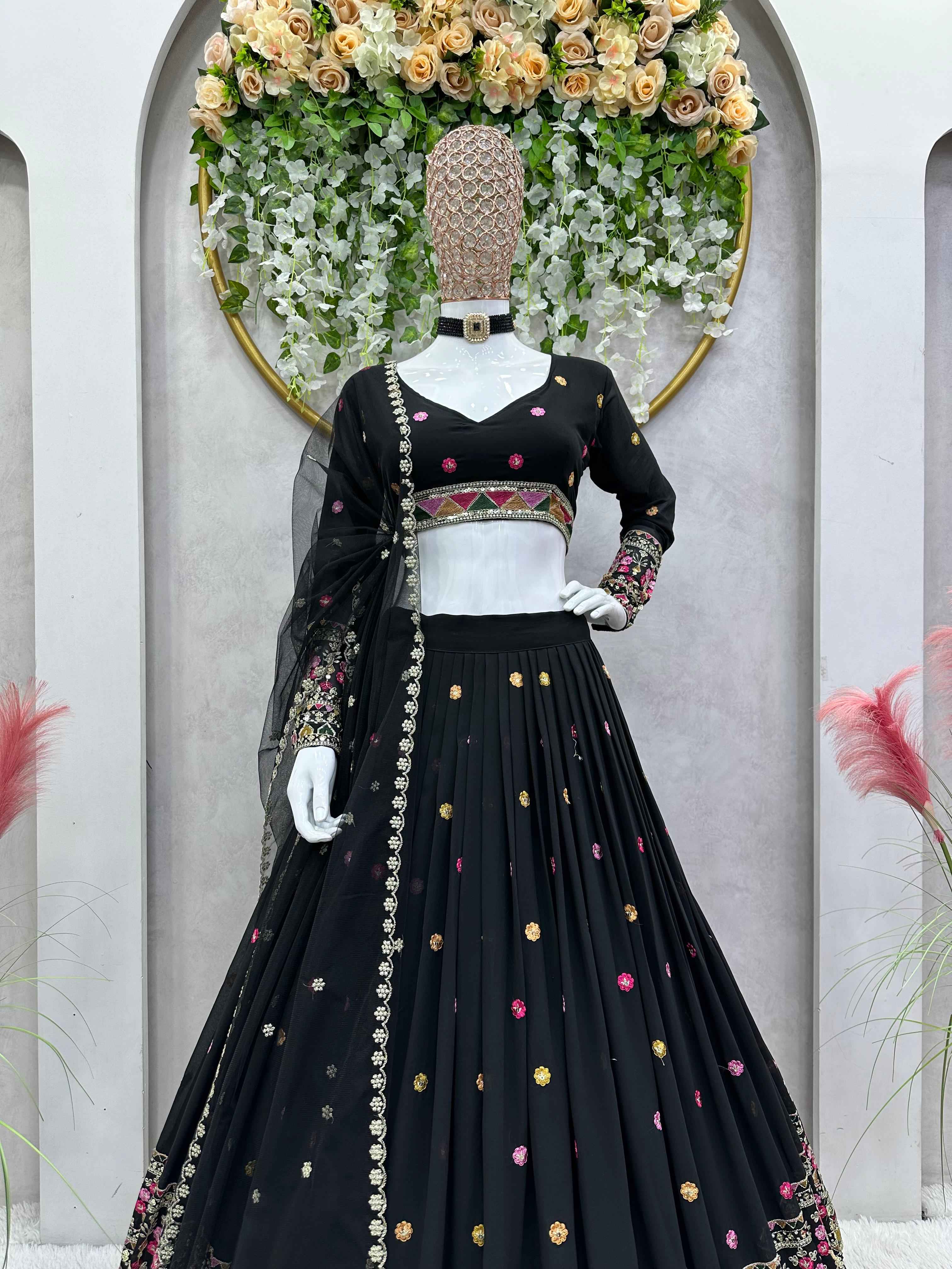 Wedding Wear Black Color Foux Gogette Lehenga For Girls