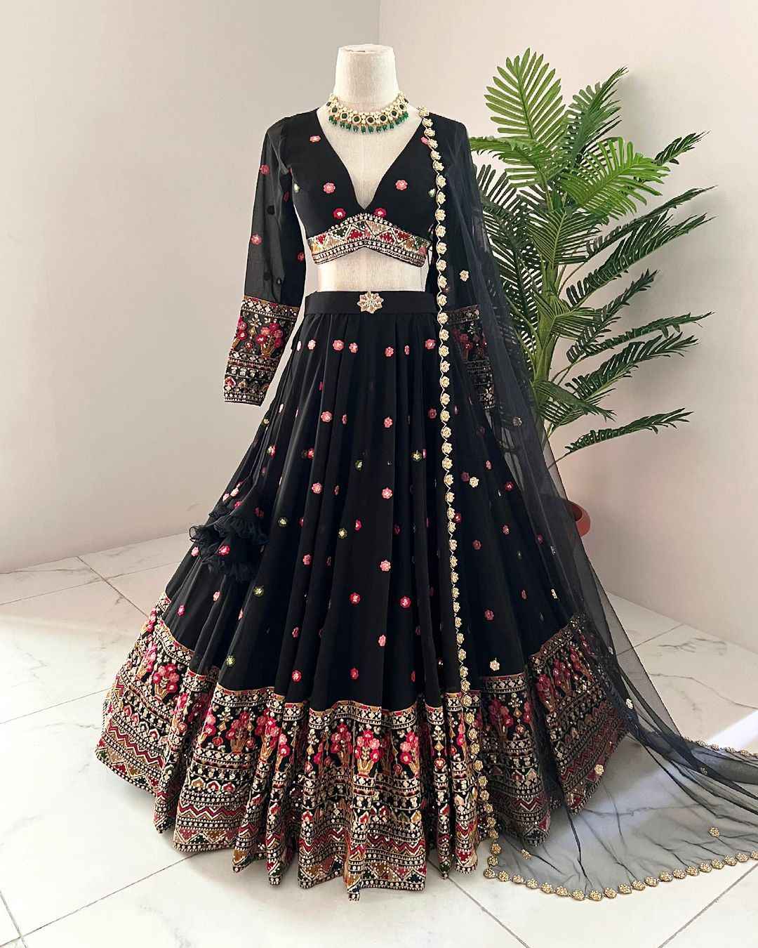 Wedding Wear Black Color Foux Gogette Lehenga For Girls