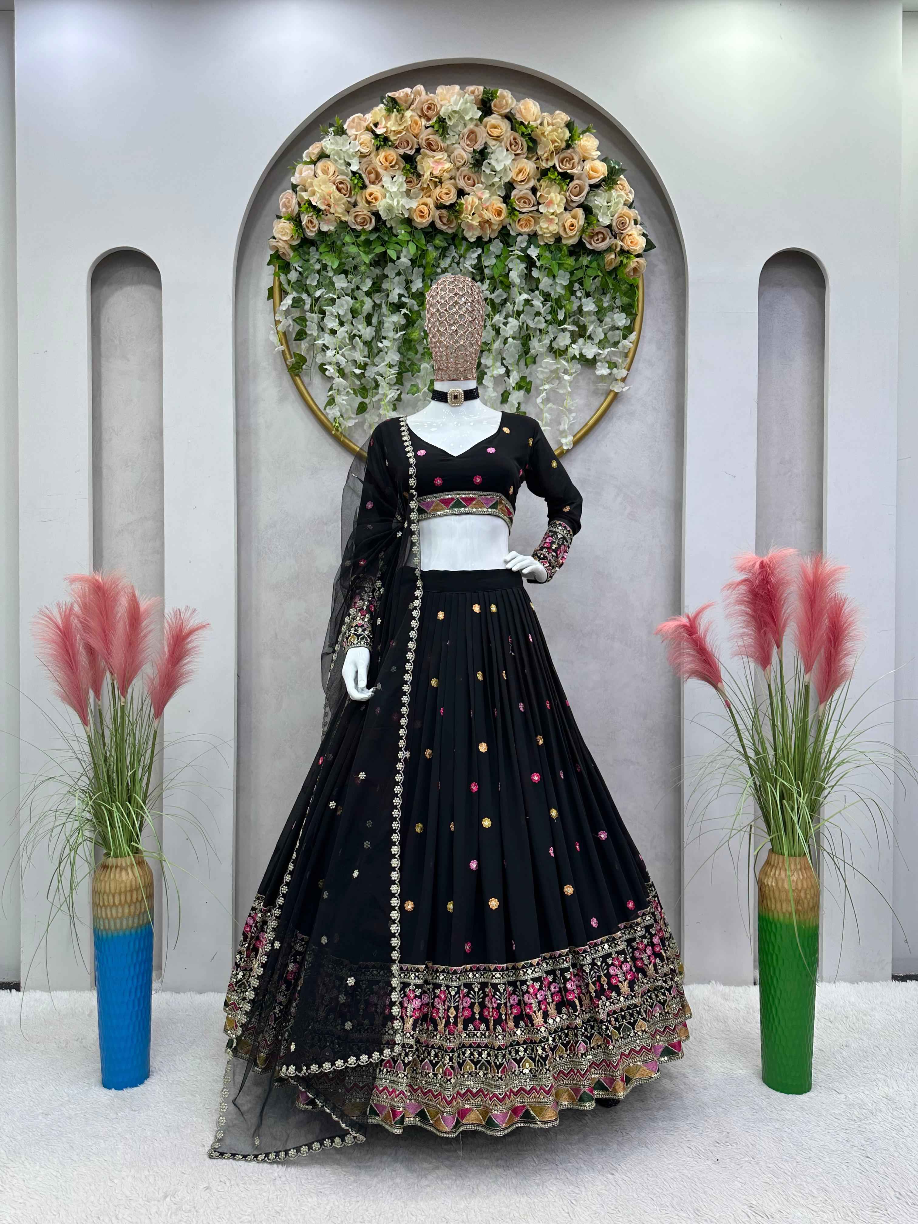 Wedding Wear Black Color Foux Gogette Lehenga For Girls