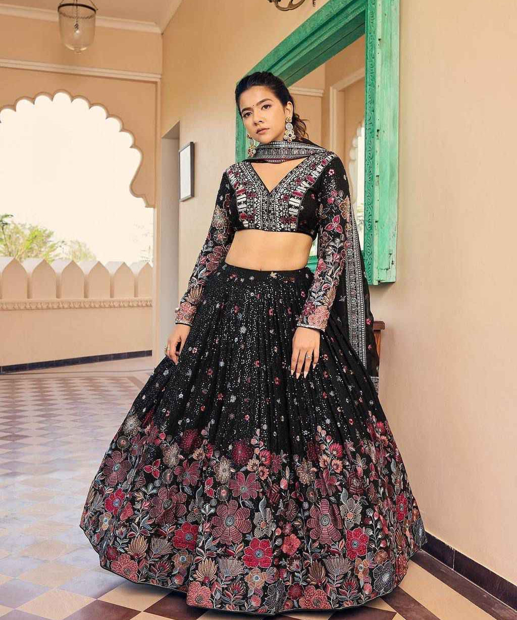Party Wear Black Color Foux Gorgette Lehenga For Women
