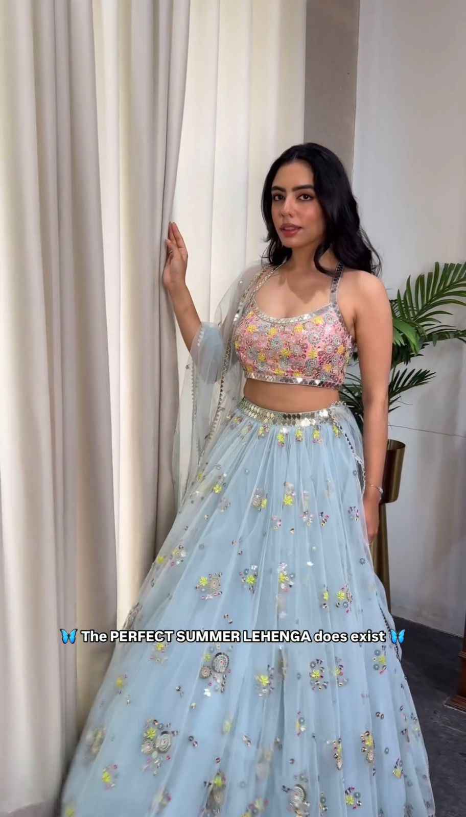Party Wear Sky Blue Color Butterfly net Lehenga Choli for girls