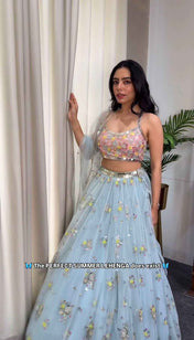 Party Wear Sky Blue Color Butterfly net Lehenga Choli for girls