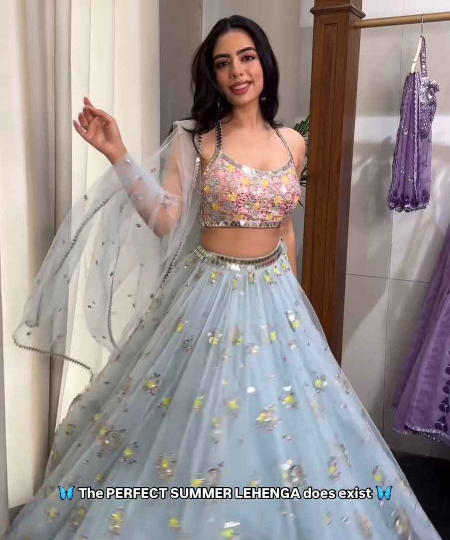 Party Wear Sky Blue Color Butterfly net Lehenga Choli for girls