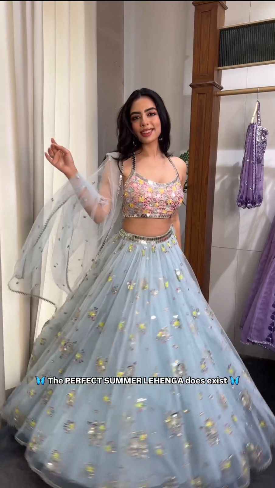Party Wear Sky Blue Color Butterfly net Lehenga Choli for girls
