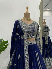 Wedding Wear Blue Color Foux Gogette Lehenga For Girls