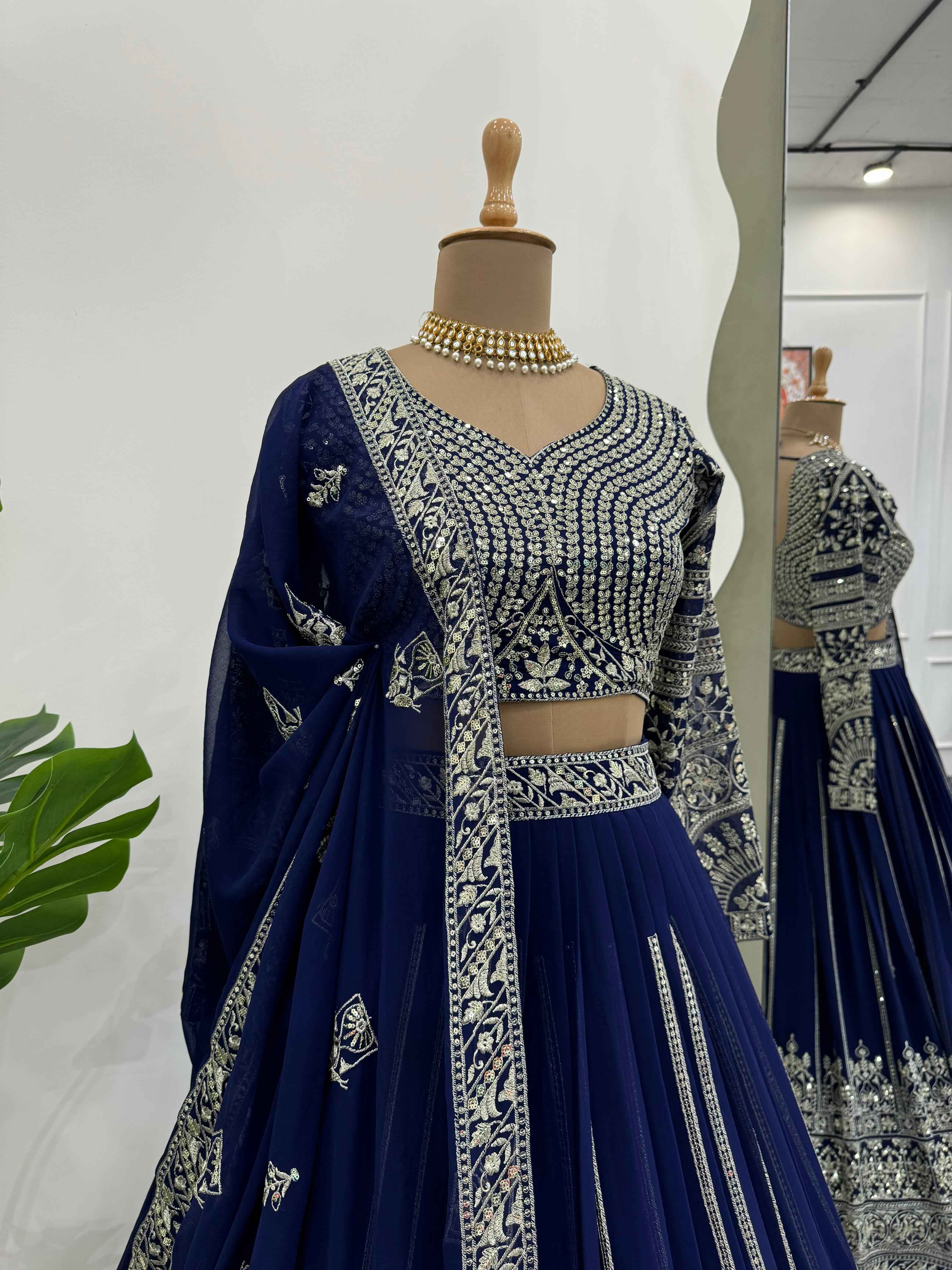 Wedding Wear Blue Color Foux Gogette Lehenga For Girls