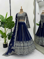 Wedding Wear Blue Color Foux Gogette Lehenga For Girls