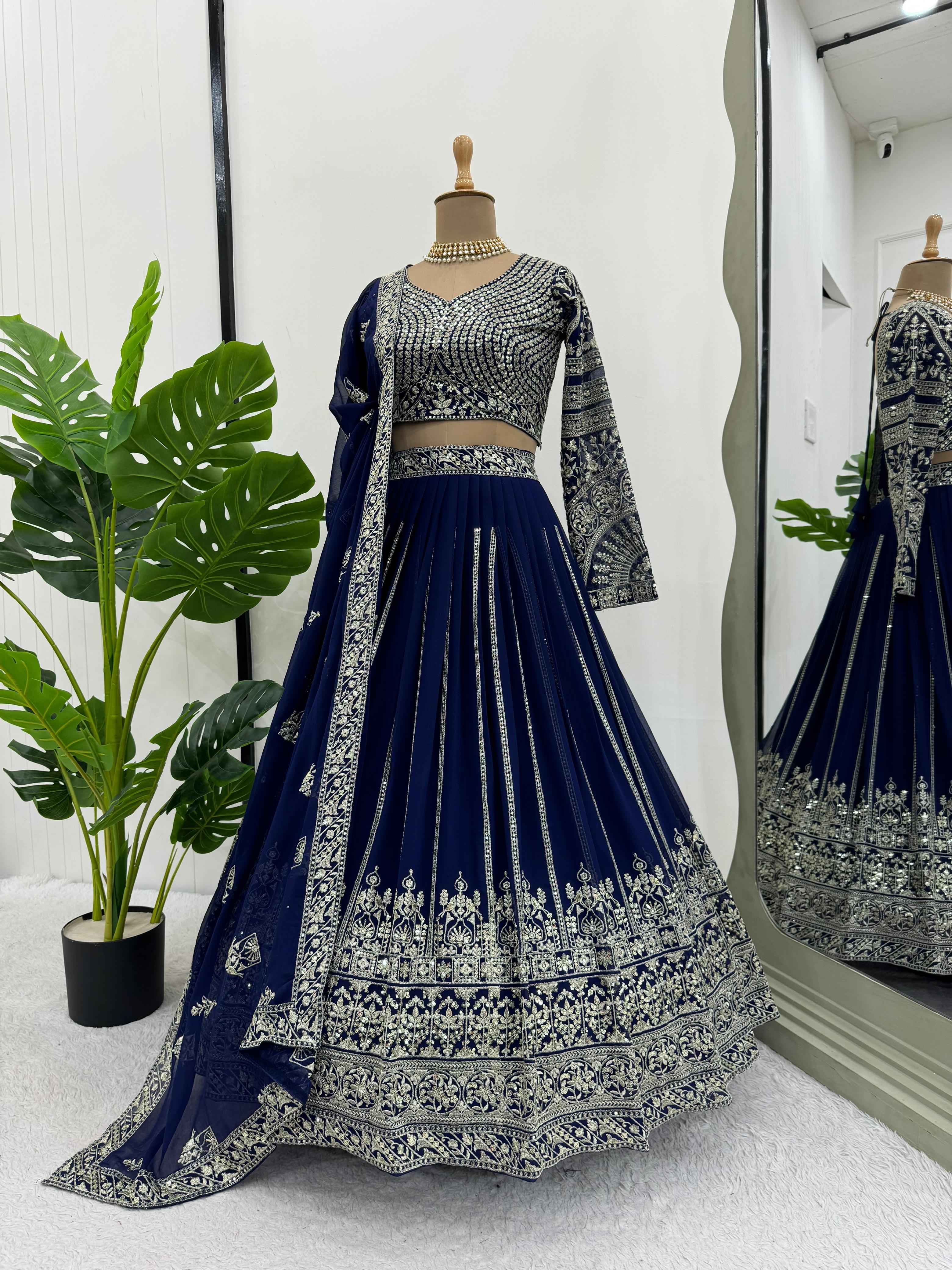 Wedding Wear Blue Color Foux Gogette Lehenga For Girls
