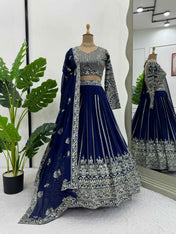Wedding Wear Blue Color Foux Gogette Lehenga For Girls