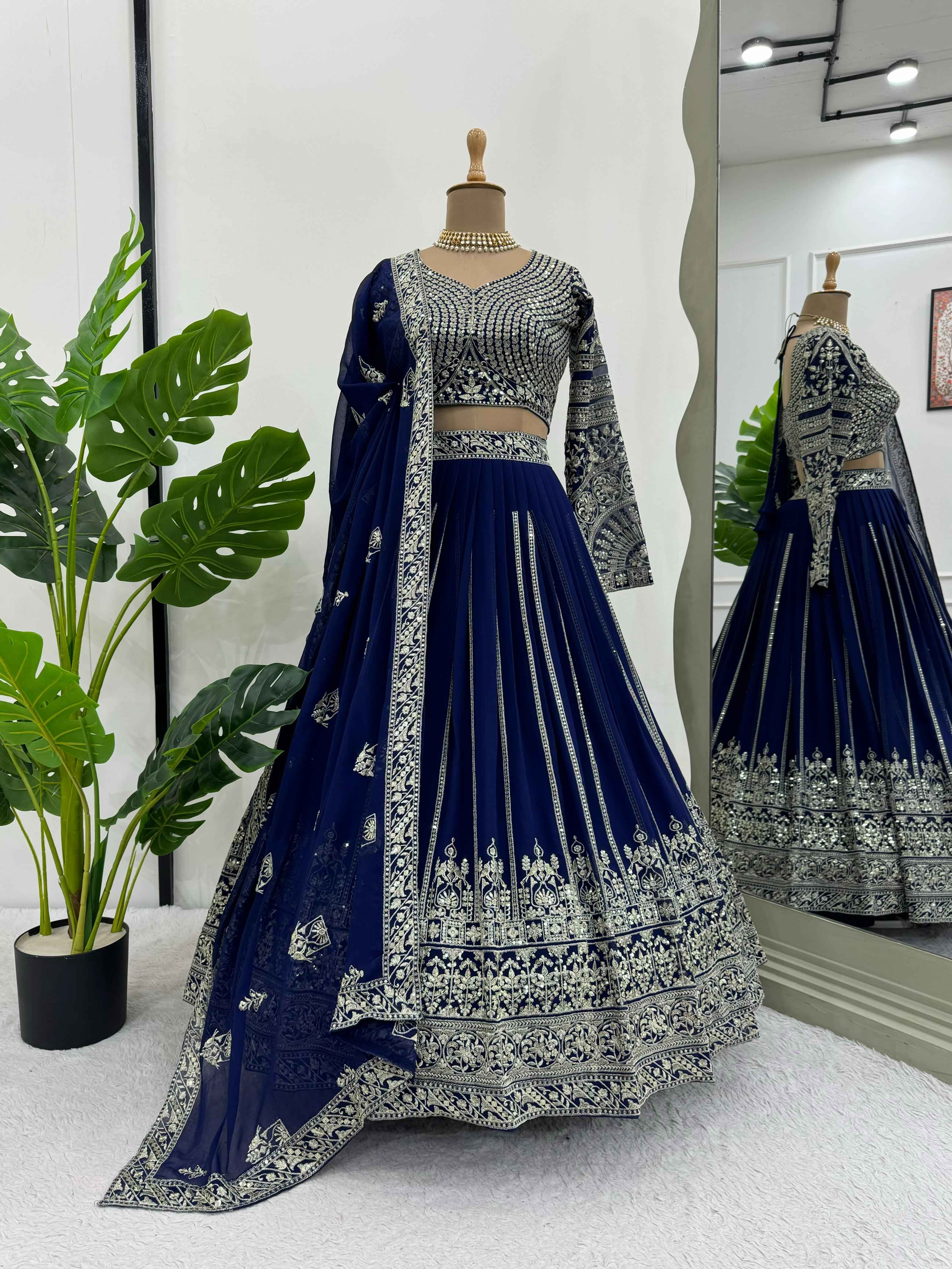 Wedding Wear Blue Color Foux Gogette Lehenga For Girls
