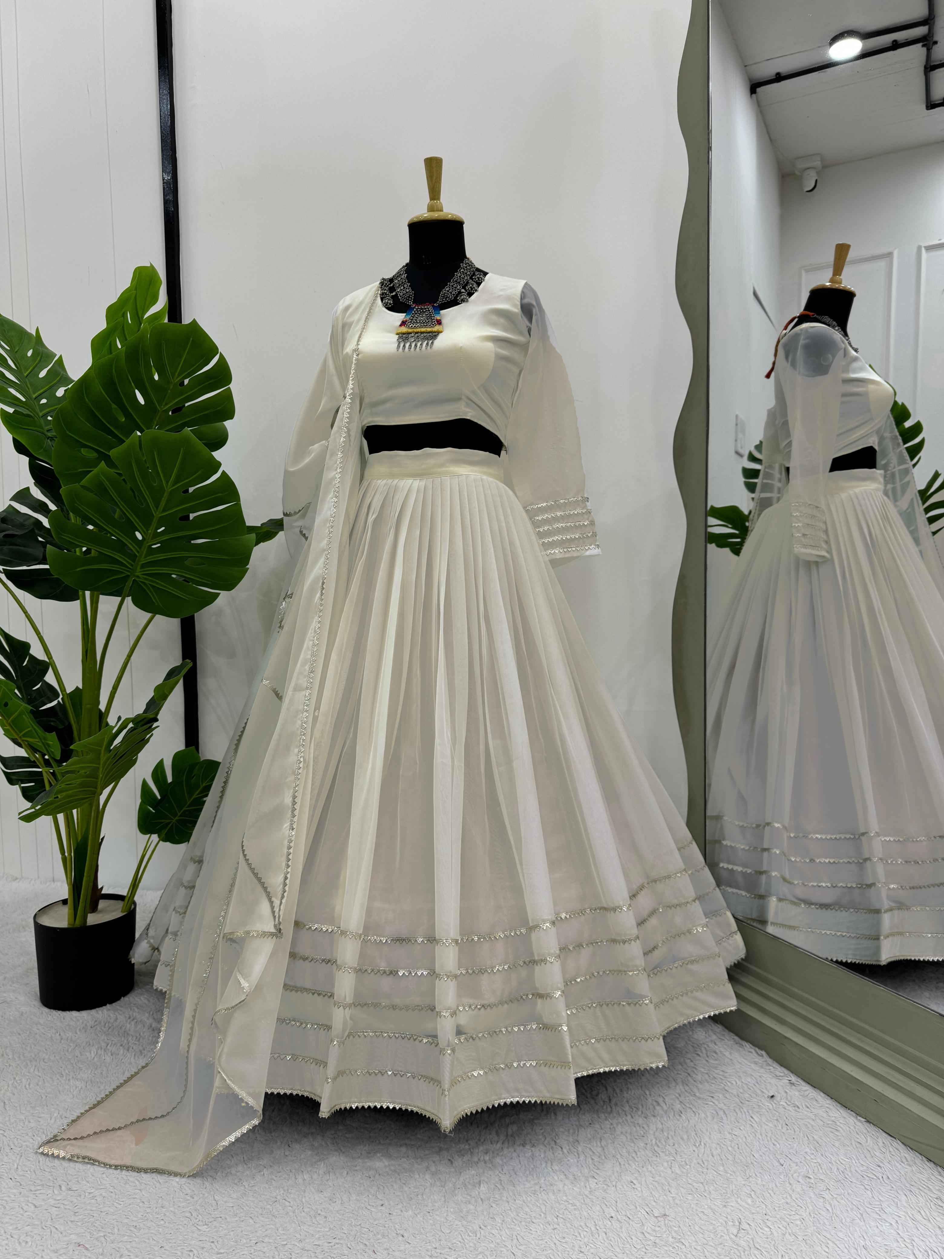 Party Wear White Color Tabby Organza Lehenga For Girls
