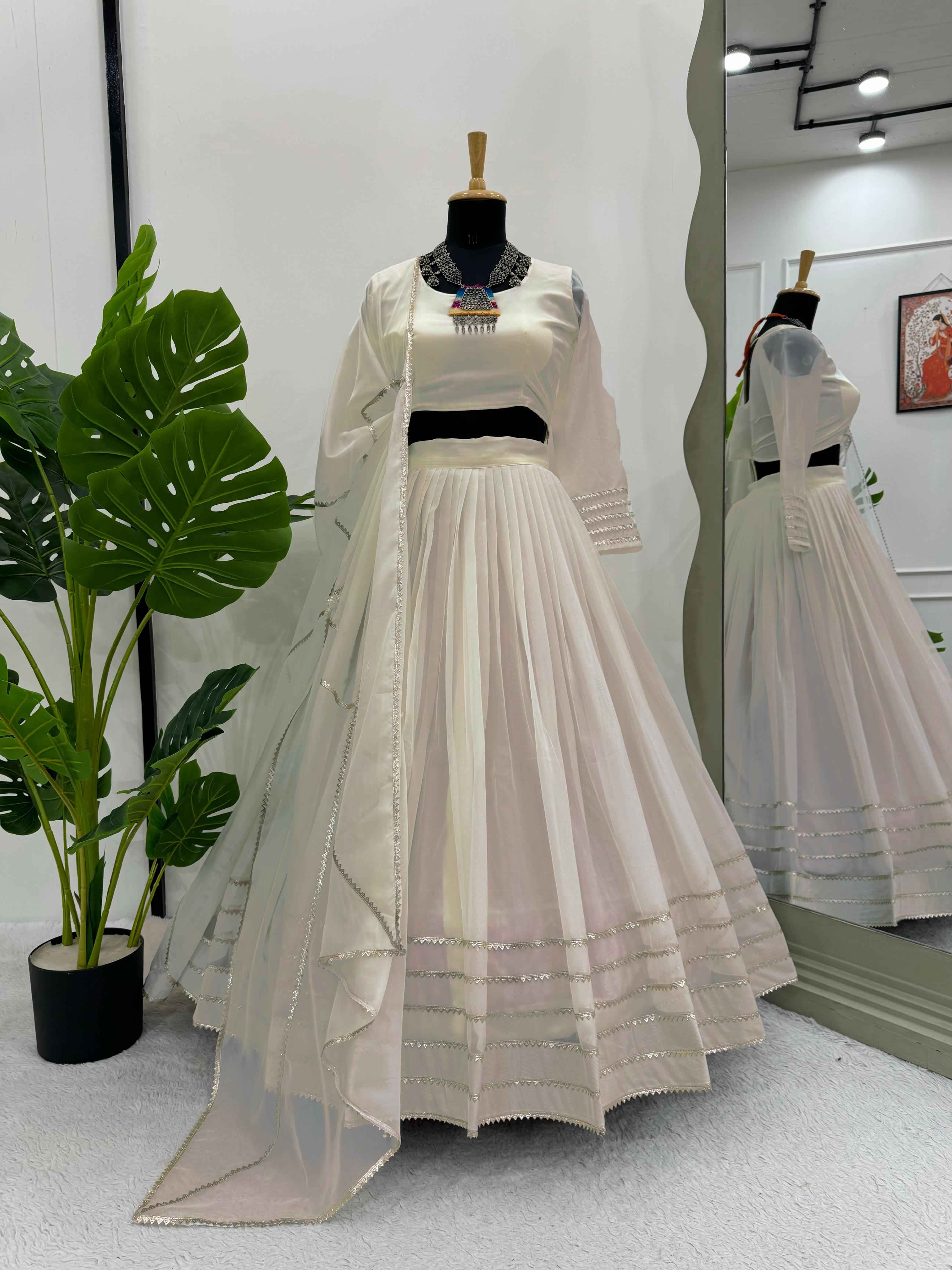 Party Wear White Color Tabby Organza Lehenga For Girls