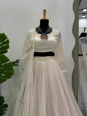 Party Wear White Color Tabby Organza Lehenga For Girls