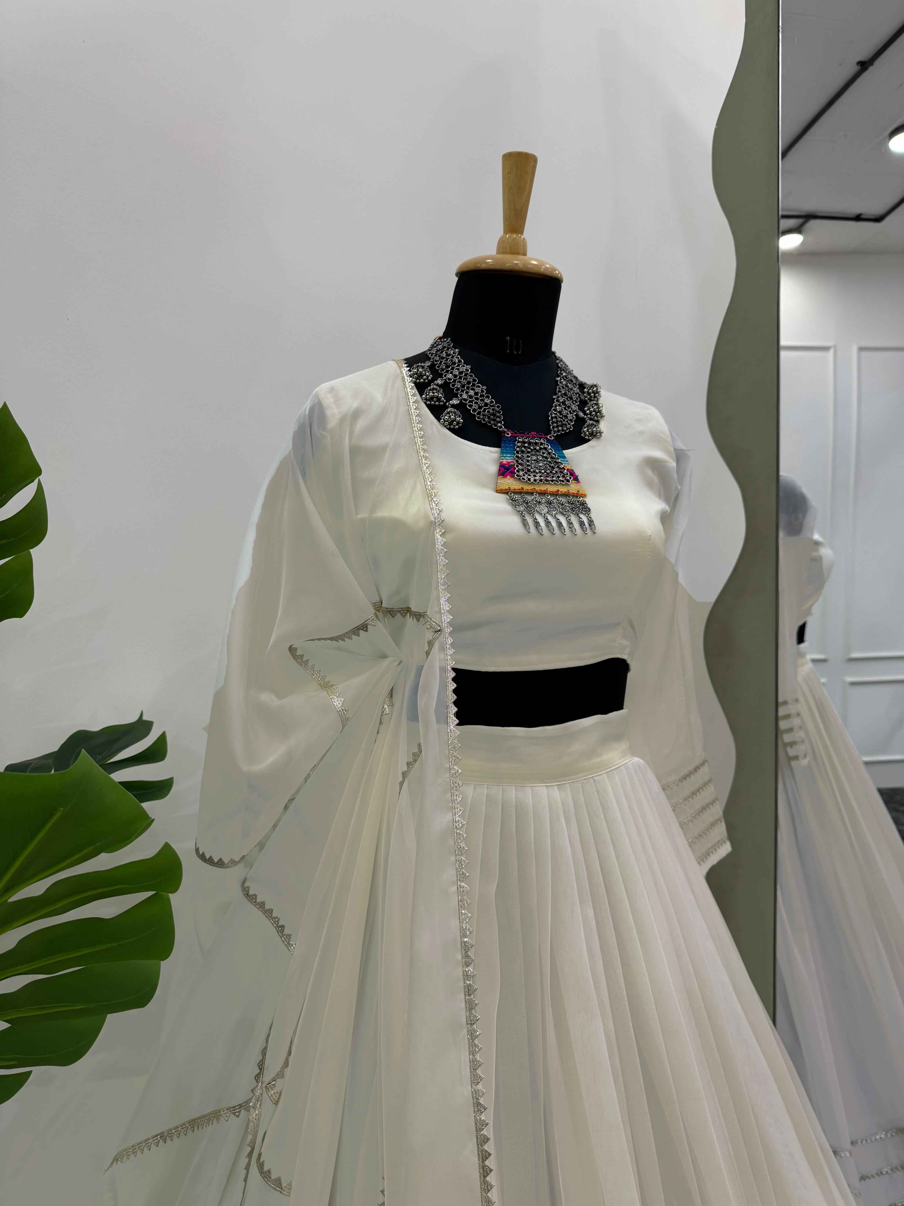 Party Wear White Color Tabby Organza Lehenga For Girls