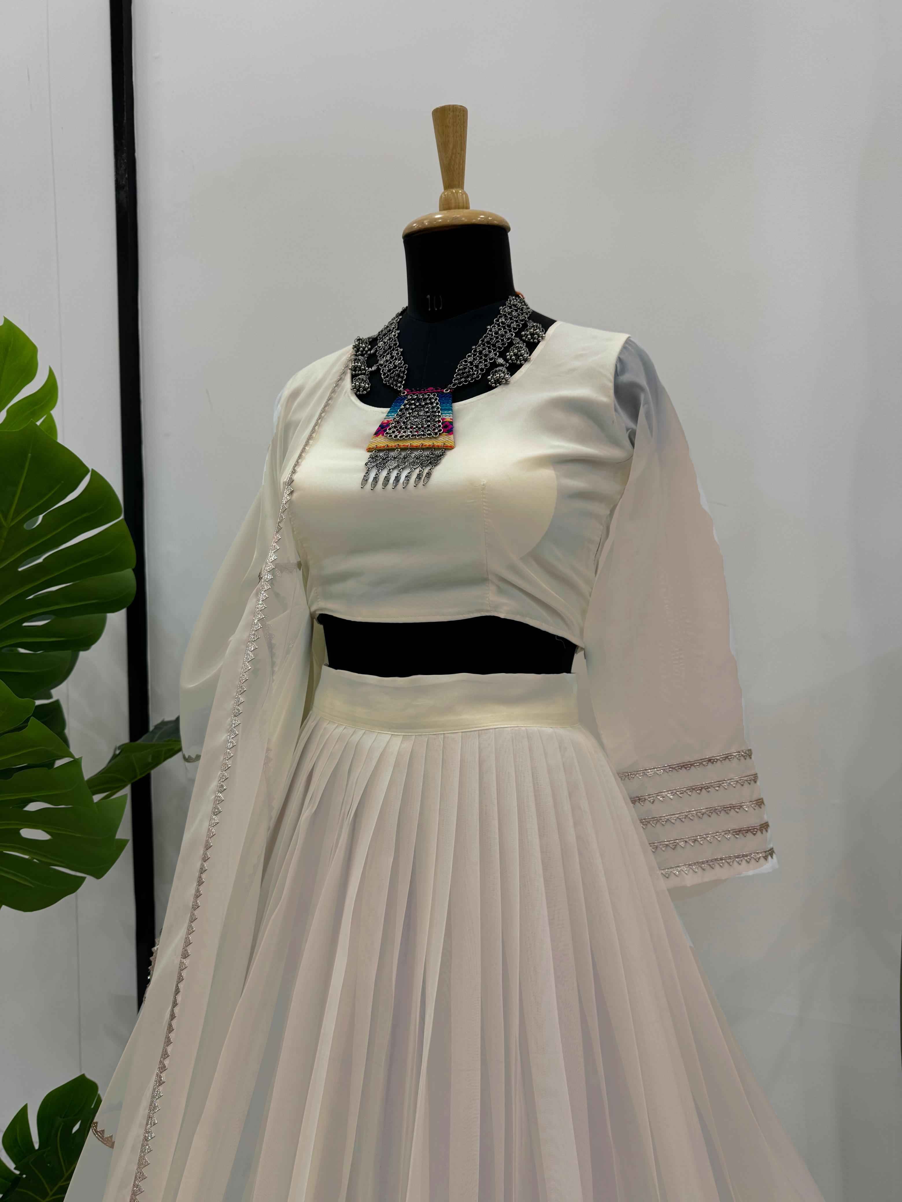 Party Wear White Color Tabby Organza Lehenga For Girls