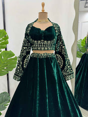 Wedding Wear Green Color Viscos Velvet Lehenga For Girls