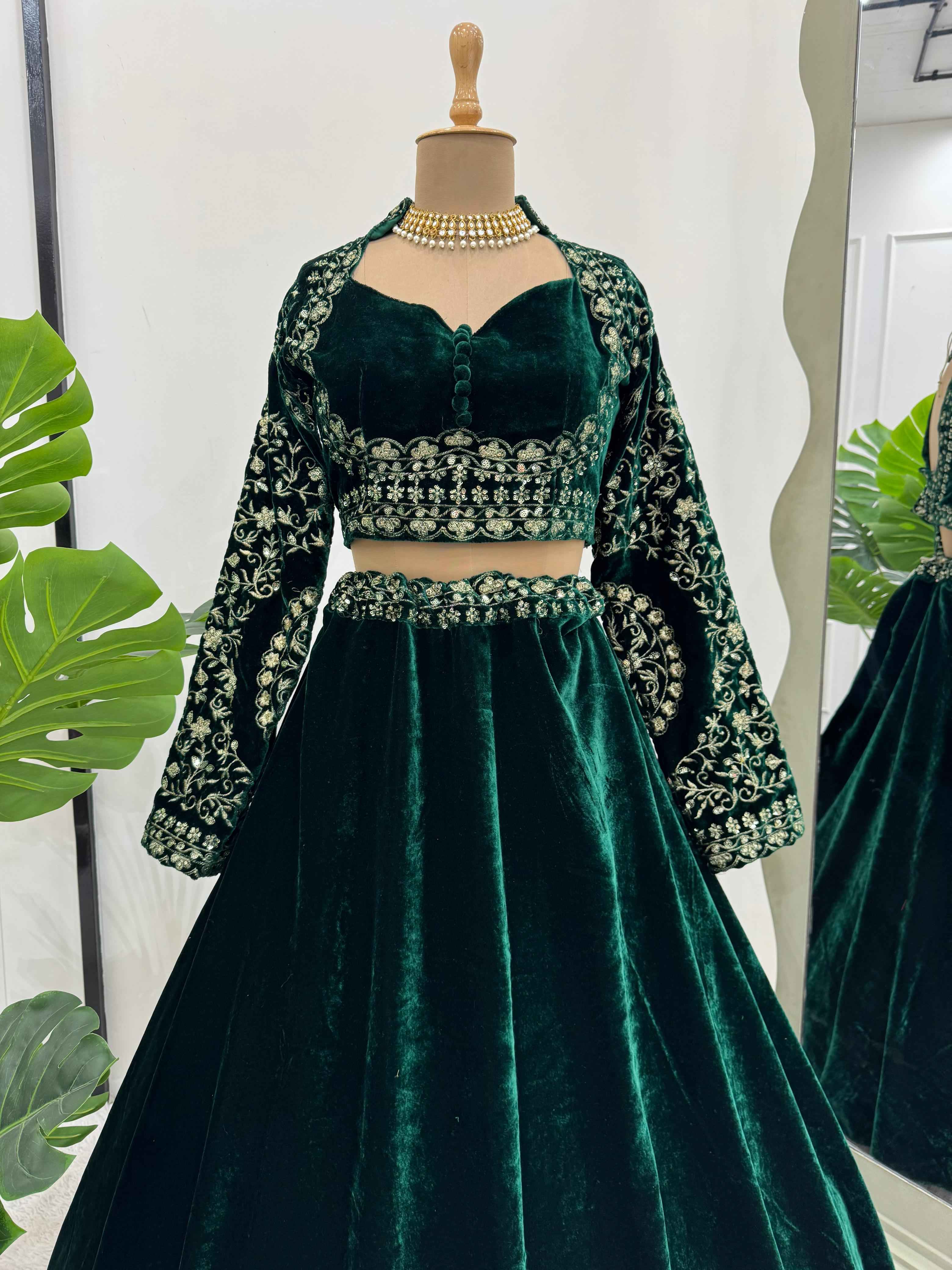Wedding Wear Green Color Viscos Velvet Lehenga For Girls