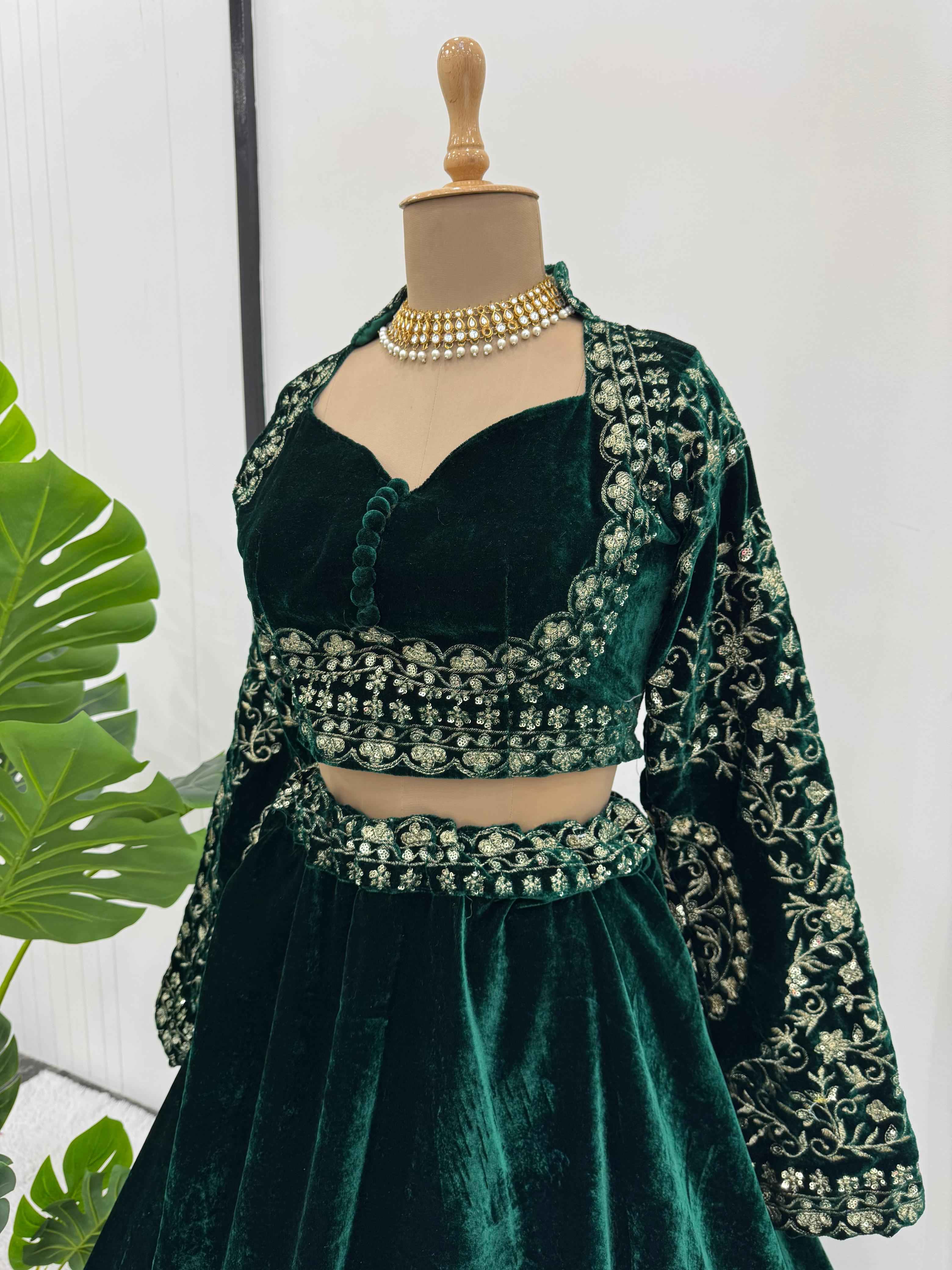 Wedding Wear Green Color Viscos Velvet Lehenga For Girls