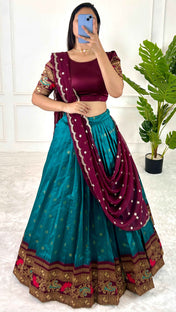 Party Wear Multi Color Jequrd Silk Lehega For Girls