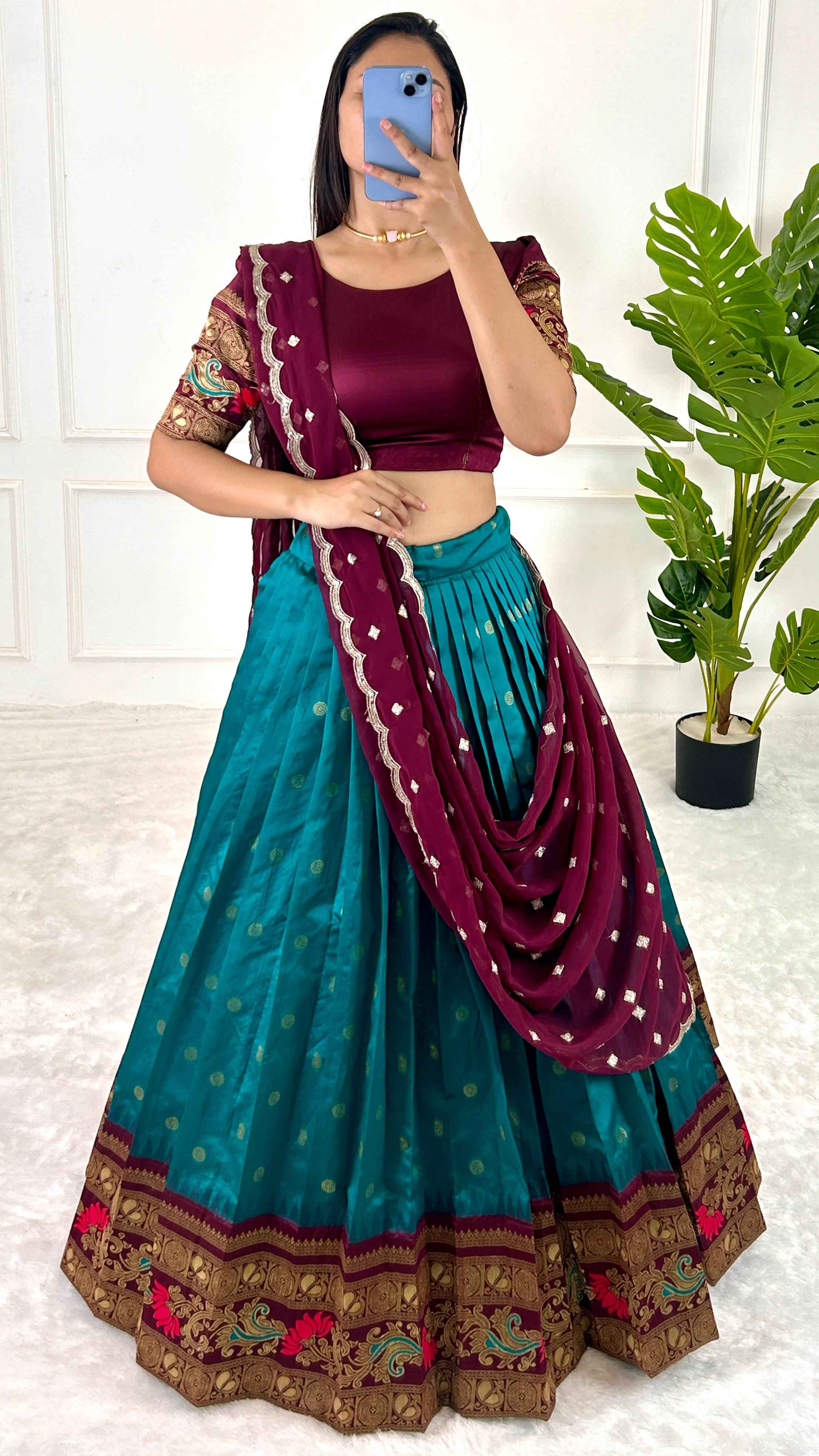 Party Wear Multi Color Jequrd Silk Lehega For Girls