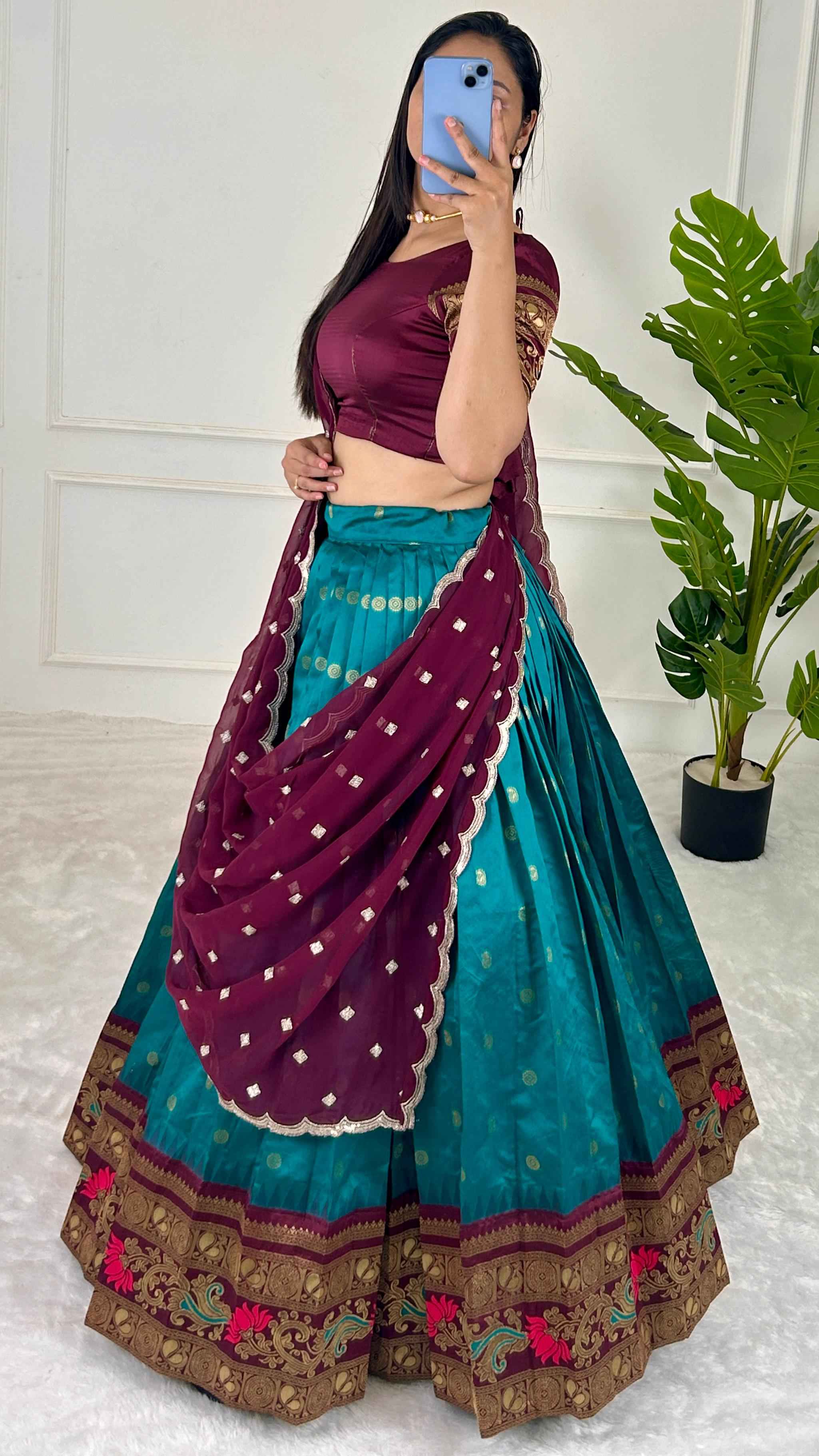 Party Wear Multi Color Jequrd Silk Lehega For Girls