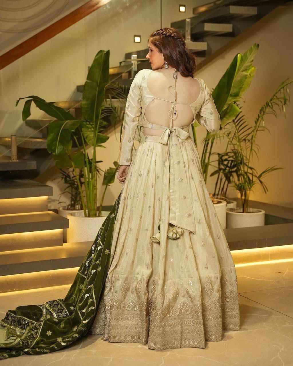 Party Wear Cream Color Silkyani Slab Lehenga Choli For Girls