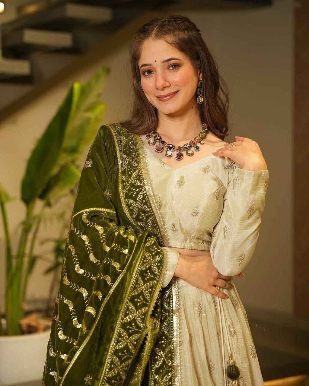 Party Wear Cream Color Silkyani Slab Lehenga Choli For Girls