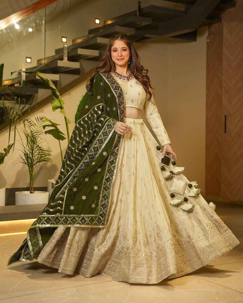 Party Wear Cream Color Silkyani Slab Lehenga Choli For Girls
