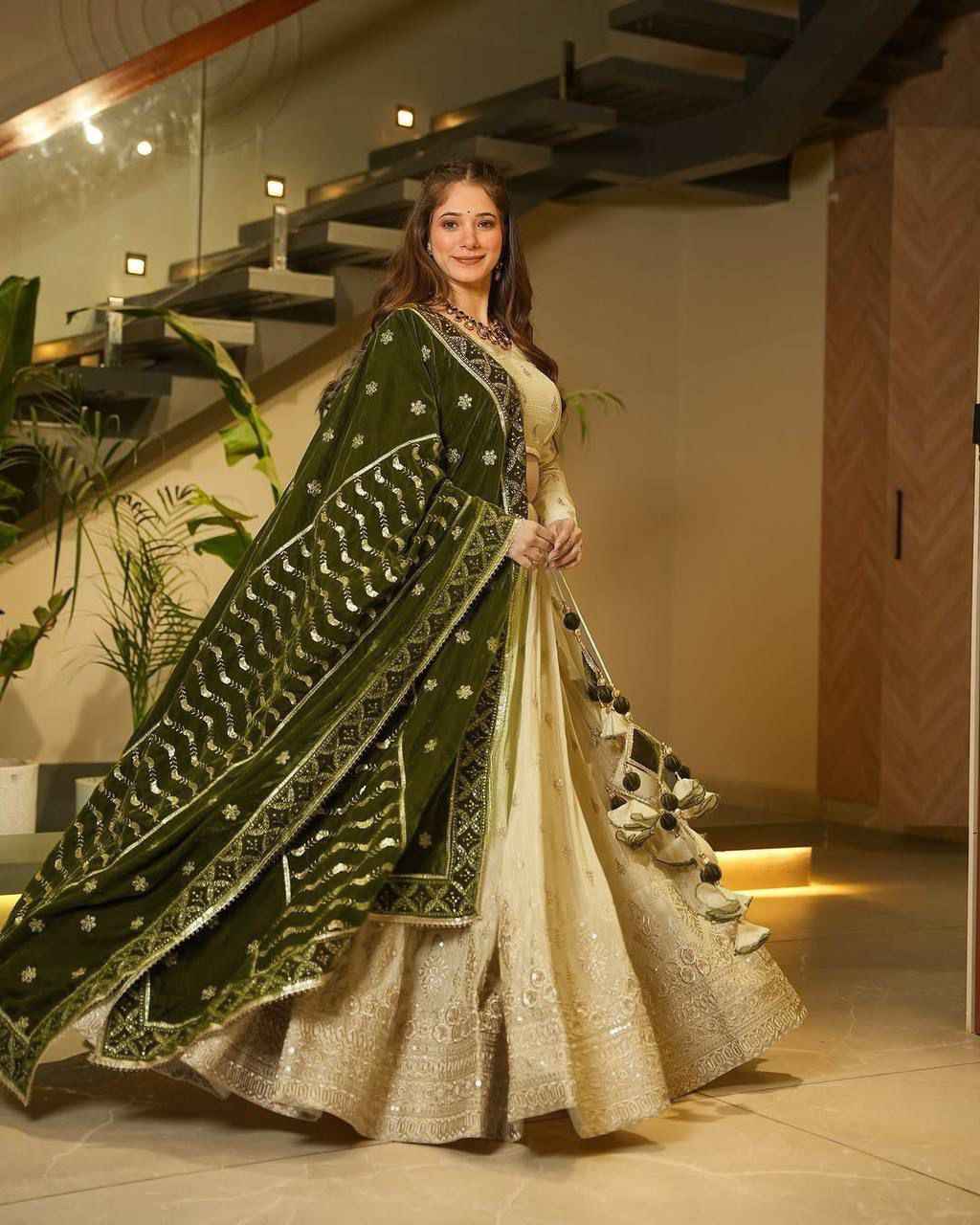 Party Wear Cream Color Silkyani Slab Lehenga Choli For Girls