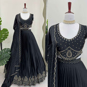 Party Wear Black Color Foux Gogette Lehenga For Women