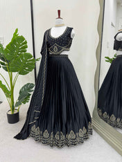 Party Wear Black Color Foux Gogette Lehenga For Women